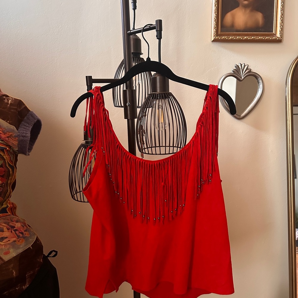Red Suede Fringe Tank Top - Women